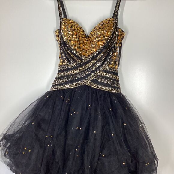 Sherri Hill Black & Gold Rhinestone Prom Dress Elegant Evening Gown - Picture 4 of 17